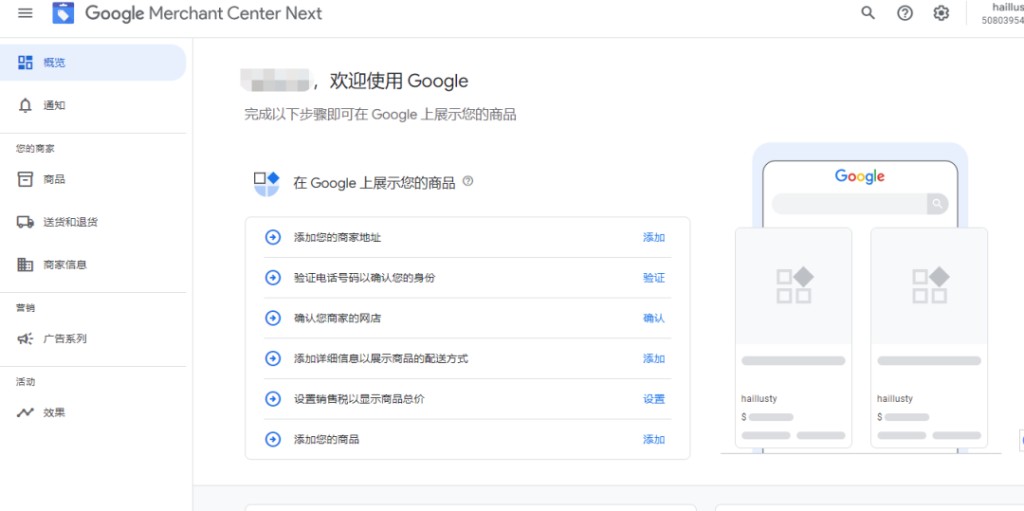 Google Merchant Center 界面