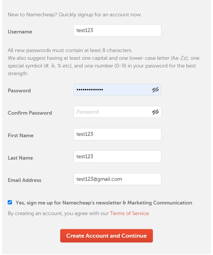 namecheap 账号注册-填写资料